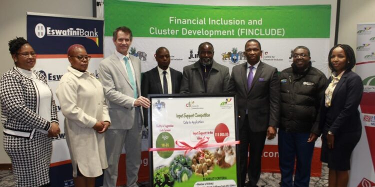Ministers Neal Rijkenberg and Jabulani Mabuza pose with ESNAU leadership, CFI management and Senior Government officials during the launch of three financial inclusion products on Tuesday, 16th May 2023. Photo: Eswatini Government