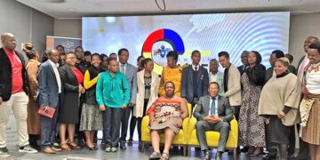 Ministers Phila Buthelezi and Harries Bulunga pose with stakeholders during the official opening of the 2023 Eswatini Career Expo.