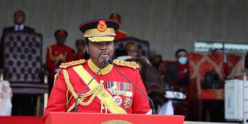 His Majesty King Mswati III making his remarks during the UEDF Double Celebration at Nokwane Army Headquarters.