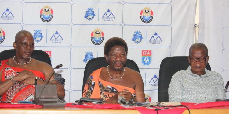 Ingwenyama Cup Chairman Prince Hlangabeza announcing the Ingwenyama Cup final date, flanked by Kings Office's Mbongeni Simealane and PLE CEO Polycarp Dlamini.