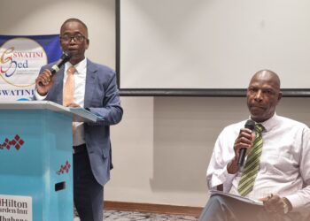 Board Chairperson Sammy Dlamini and Peter Simelane, CEO addressing shareholders during the EswatiniMed Annual General Meeting at the Hilton Garden Inn, announcing the restoration of unity and stability within the organization. Photo: Adekunle Owolabi/Independent News Eswatini [