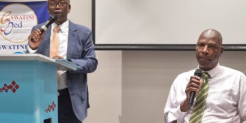 Board Chairperson Sammy Dlamini and Peter Simelane, CEO addressing shareholders during the EswatiniMed Annual General Meeting at the Hilton Garden Inn, announcing the restoration of unity and stability within the organization. Photo: Adekunle Owolabi/Independent News Eswatini [