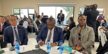 HRH Prince Lonkhokhela engages Taiwanese investors during a business luncheon in Mbabane.