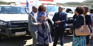 A section of the 23 vehicles donated by the Global Fund through NERCHA, including eight ambulances for the Emergency Preparedness and Response Unit.