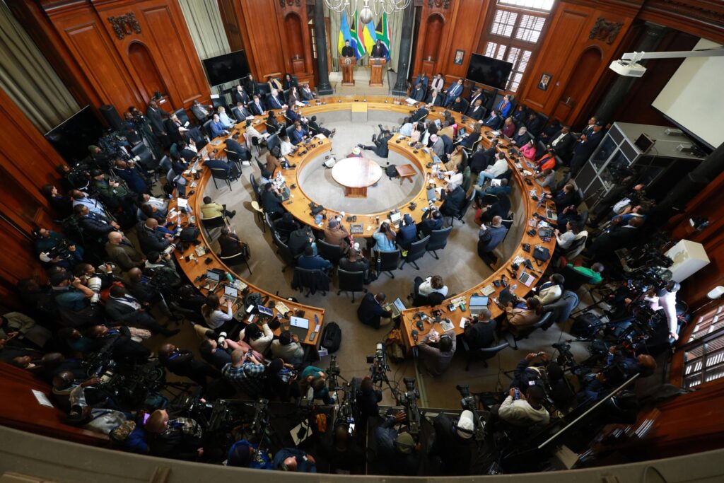 President Cyril Ramaphosa welcomes Ukrainian President Volodymyr Zelenskyy at the Union Buildings in Pretoria.