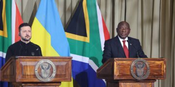 President Cyril Ramaphosa welcomes Ukrainian President Volodymyr Zelenskyy at the Union Buildings in Pretoria.
