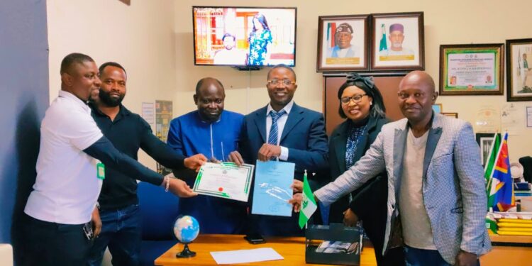 The newly elected interim executive committee of the Association of Nigerian Nationals in Eswatini (ANNIES): Dr. Christopher Osawunyi Imasuen (President), Dr. Oluwaseyi Eunice Bamisaye (General Secretary), Peter Echezona Ogu (Treasurer), Sunday Chukwufunaya (Public Relations Officer), and Waheed Kayode Ibrahim (Financial Secretary).