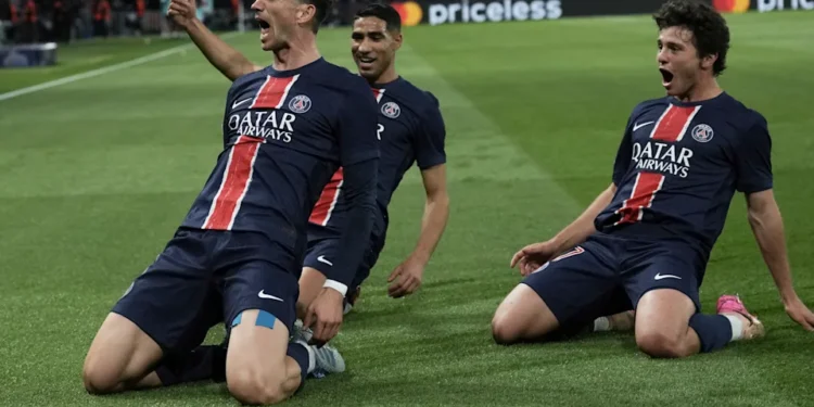 PSG's Fabian Ruiz celebrates after scoring his side's opening goal the Champions League semifinal, second leg soccer match between Paris Saint-Germain and Arsenal at the Parc des Princes in Paris, Wednesday, May 7, 2025. (AP Photo/Aurelien Morissard) (ASSOCIATED PRESS)