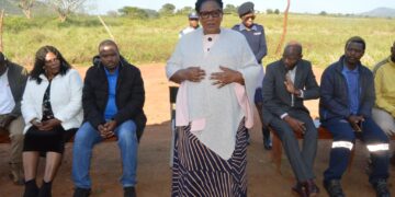 Deputy Prime Minister Thulisile Dladla and Minister Sikhumbuzo Dlamini inspect the damaged irrigation system at the Nkwene Garden Scheme, which has been inactive since January due to flooding.
