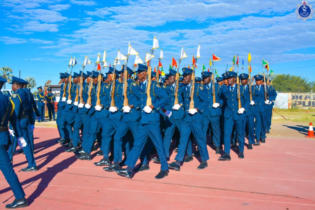 Newly graduated Namibian police recruits march in formation during a colourful pass-out parade, marking the end of their training and the beginning of service. Photo: Royal Eswatini Police Service