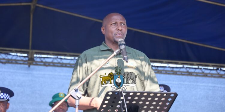 Prime Minister Russell Mmiso Dlamini addresses workers during the Workers Day celebration hosted by FESWATU in Simunye on May 1, 2025, calling for unity between Government, labour, and business.