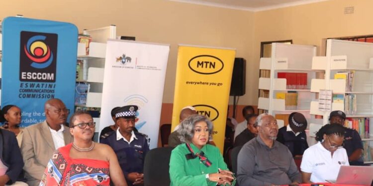 Minister Savannah Maziya and ESCCOM CE Mvilawemphi Dlamini seated during the launch of the Youth Digital Skills Training Programme in Lavumisa, a joint effort to empower Eswatini’s youth with essential tech skills.