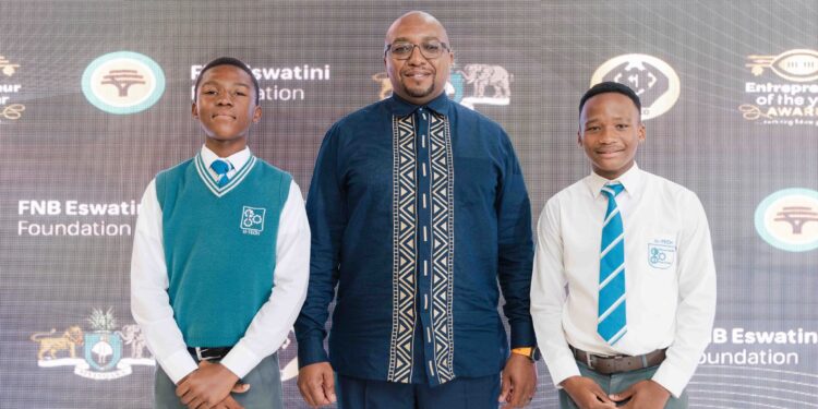Learners from the JA Eswatini job shadow programme pictured with FNB Eswatini CEO during their two-week mentorship experience.