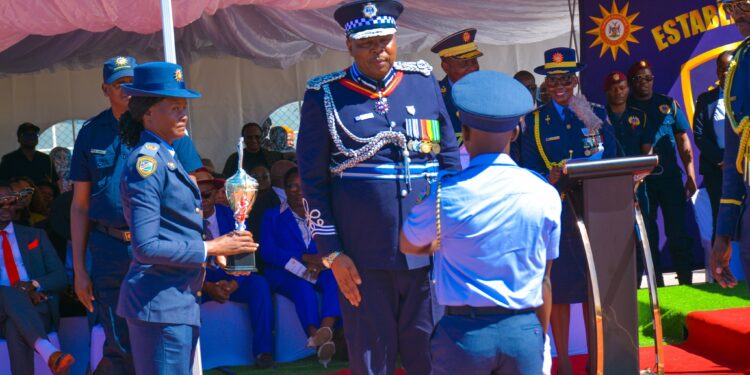 Commissioner Masango hands over a trophy during the Namibia Police Day ceremony, strengthening ties through regional recognition and camaraderie. Photo: Royal Eswatini Police Service