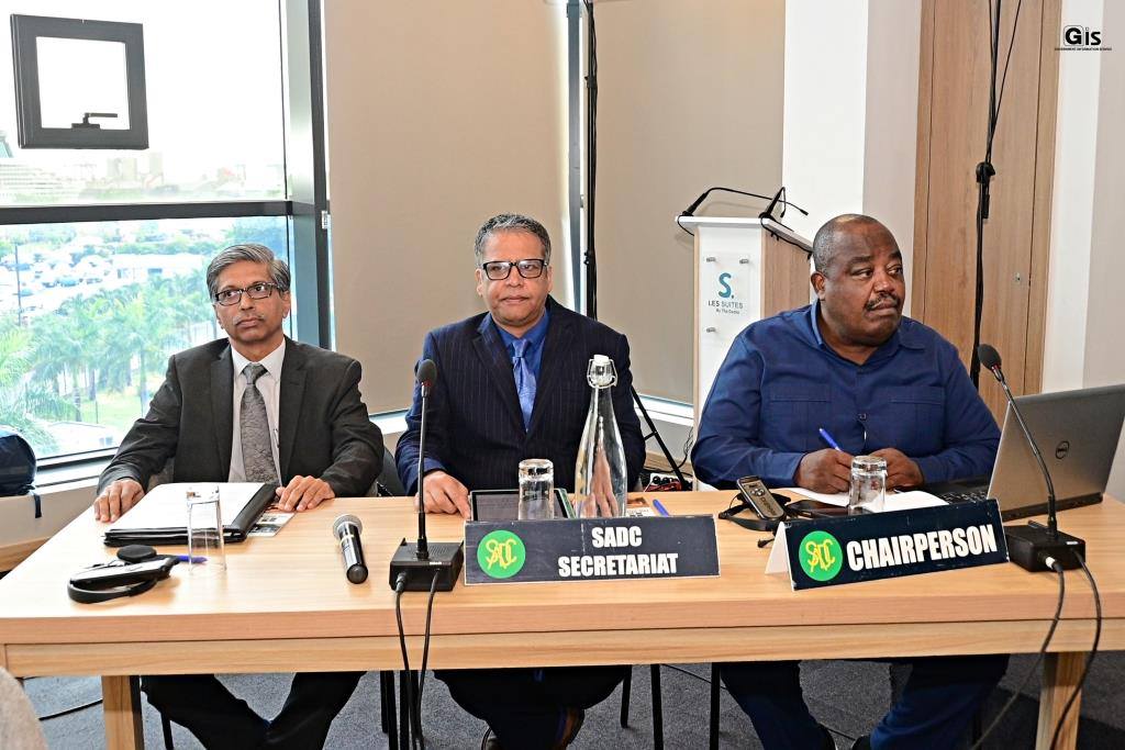 Ambassador Khemraj Jingree delivers opening remarks at the 59th SADC Trade Negotiating Forum in Mauritius, joined by regional trade officials and delegates from SADC member states.