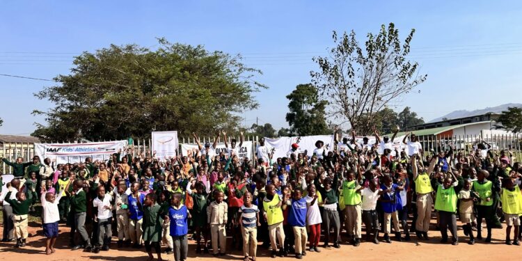 Learners from Lobamba National Primary School take part in fun relay races during World Kids’ Athletics Day, held on 7 May 2025, in partnership with Athletics Eswatini.