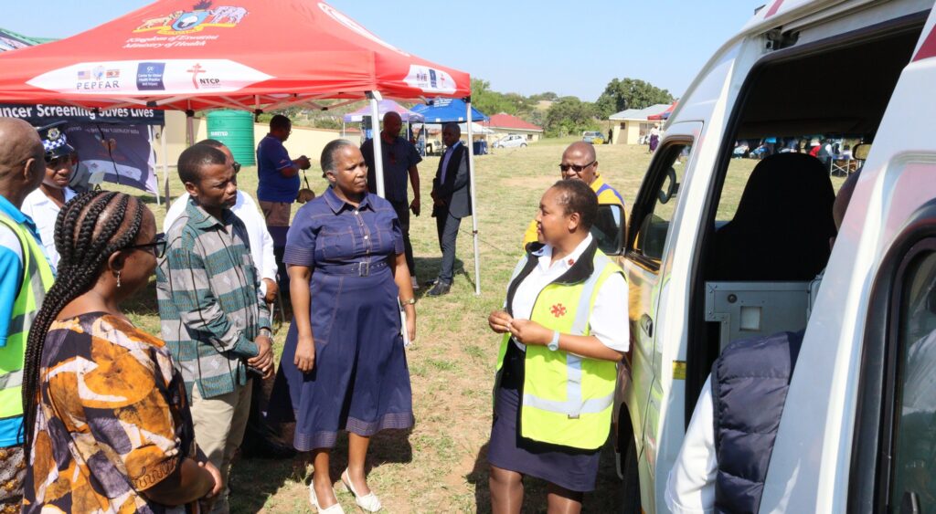 Acting Minister for Health, Hon. Appolo Maphalala, interacts with community members during the free health services outreach at Mantjonga's Philani Maswati Centre.
