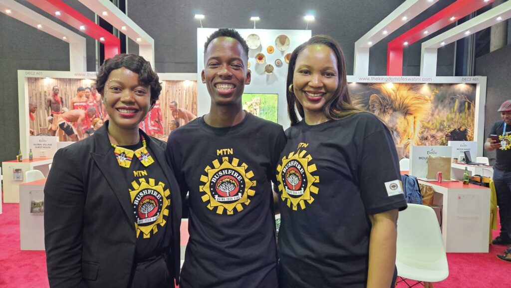 Bongekile Fakudze, Sales Coordinator at Happy Valley Hotel; Tobi Motsa, Manager of Mountainview Hotel; and Cedric Simelane representing Eswatini’s hospitality sector at the Africa Travel Indaba.