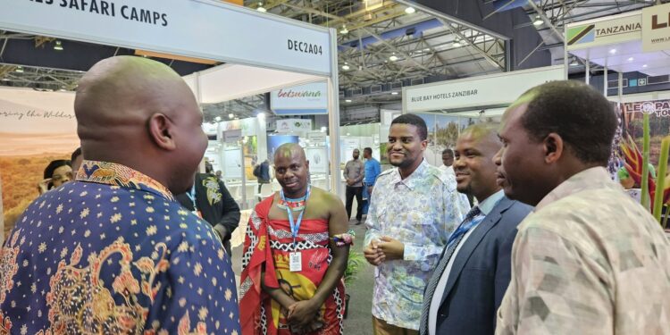 Prince Majaha and Prince Gcina visit the Eswatini stand at Africa’s Travel Indaba 2025 in Durban, engaging with Acting Tourism Minister Skhumbuzo Dlamini and ETA CEO Vusie Dlamini.