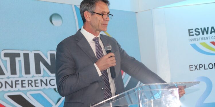 Finance Minister Neal Rijkenberg speaking at the Eswatini Investment Conference, where he outlined key reforms aimed at boosting private sector growth.