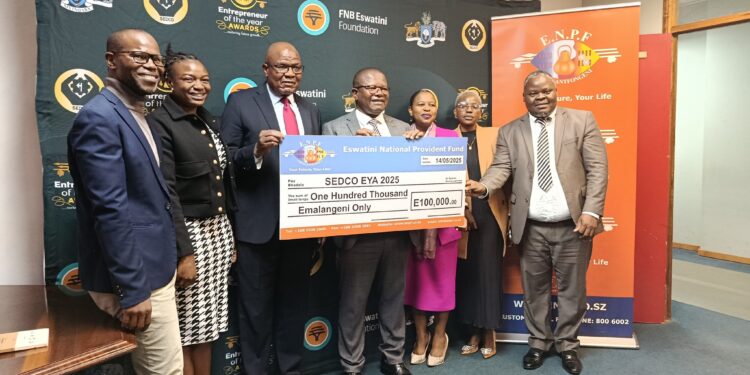 Representatives from ENPF and SEDCO during the official handover of the sponsorship cheque for the 19th edition of the Entrepreneur of the Year Awards.