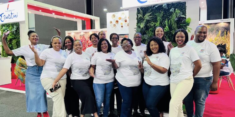 Eswatini tourism stakeholders dressed in Eswatini Air-branded shirts at the airline’s stand during the final day of Africa’s Travel Indaba 2025 in Durban, marking two years of Eswatini Air’s operations.