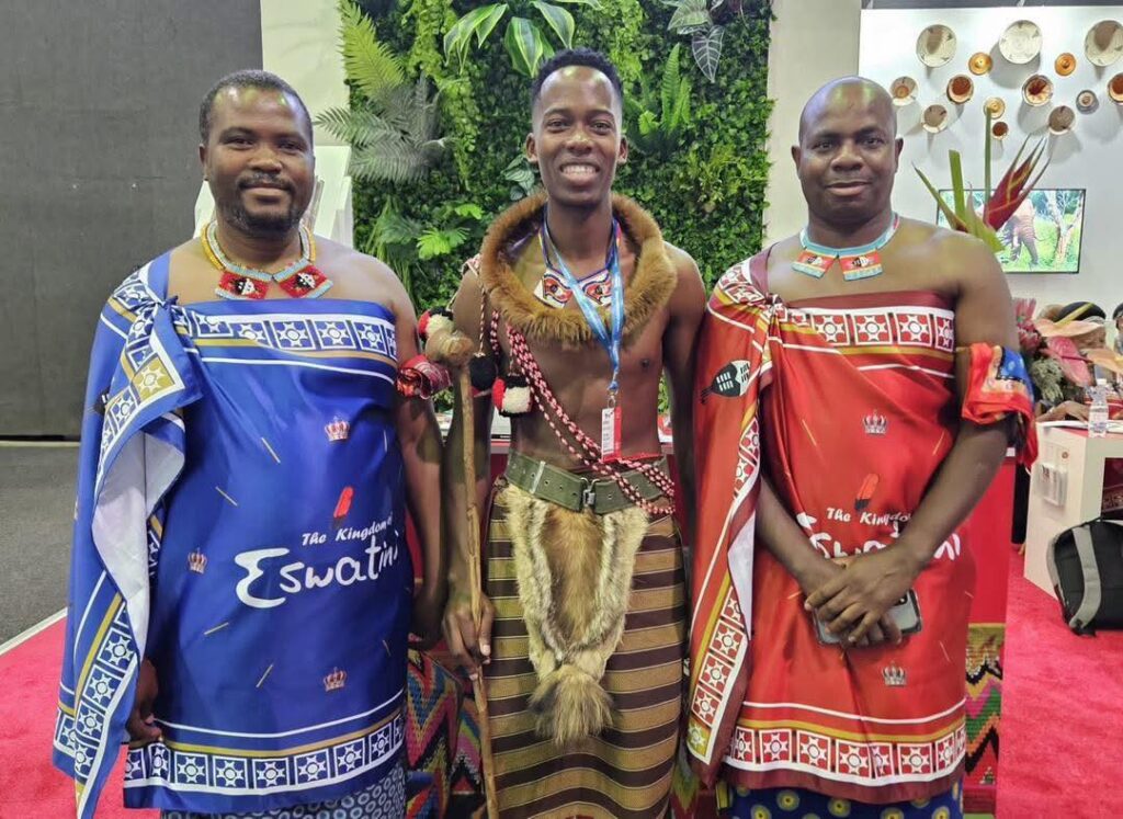 Cedric Simelane, Marketing Officer at Sibebe Resort, pictured with the CEO of the Eswatini Tourism Authority and officials from the Ministry of Tourism during Africa’s Travel Indaba in Durban.