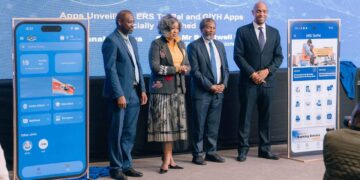 Minister of ICT Savannah Maziya (center) and ERS Commissioner General Brightwell Nkambule (right) unveil the Government In Your Hand and ERS TaxPal mobile applications during the launch event in Ezulwini.