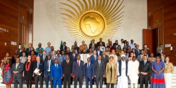Chairperson of the African Union Commission, H.E. Mahmoud Ali Youssouf, poses for a group photo with African representatives during the 2025 Africa Day commemoration in Addis Ababa.