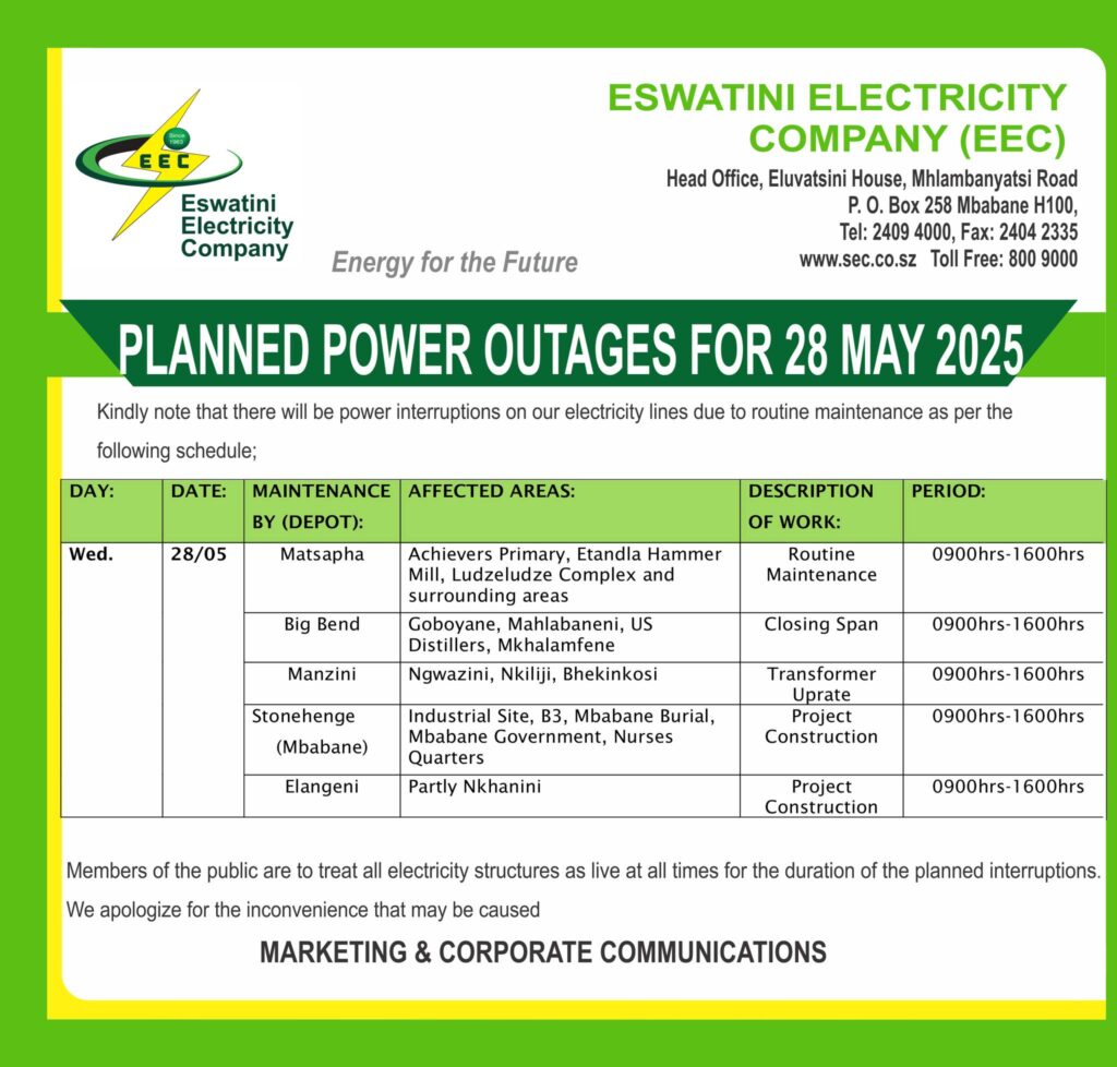 EEC planned outage notice for 28 May 2025, detailing areas across Eswatini scheduled for maintenance-related power cuts.