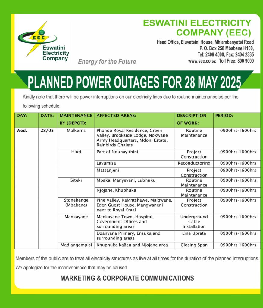 EEC planned outage notice for 28 May 2025, detailing areas across Eswatini scheduled for maintenance-related power cuts.