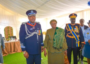National Commissioner of Police Mr. Manoma Vusie Masango shares a moment with Namibian President Dr. Netumbo Nandi-Ndaitwah during the Police Day celebrations at Oshakati Stadium. Photo: Royal Eswatini Police Service