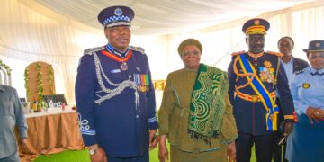 National Commissioner of Police Mr. Manoma Vusie Masango shares a moment with Namibian President Dr. Netumbo Nandi-Ndaitwah during the Police Day celebrations at Oshakati Stadium. Photo: Royal Eswatini Police Service