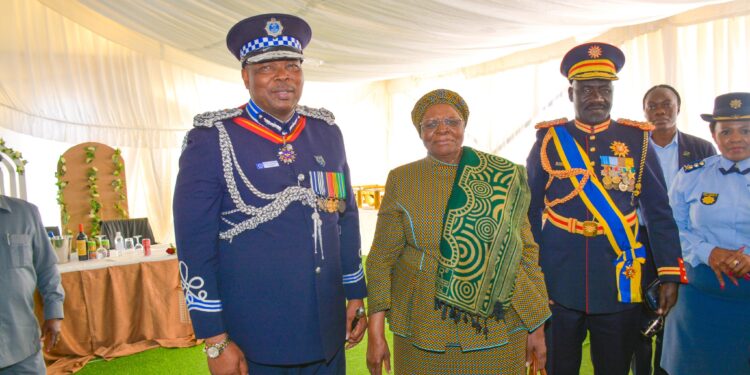 National Commissioner of Police Mr. Manoma Vusie Masango shares a moment with Namibian President Dr. Netumbo Nandi-Ndaitwah during the Police Day celebrations at Oshakati Stadium. Photo: Royal Eswatini Police Service