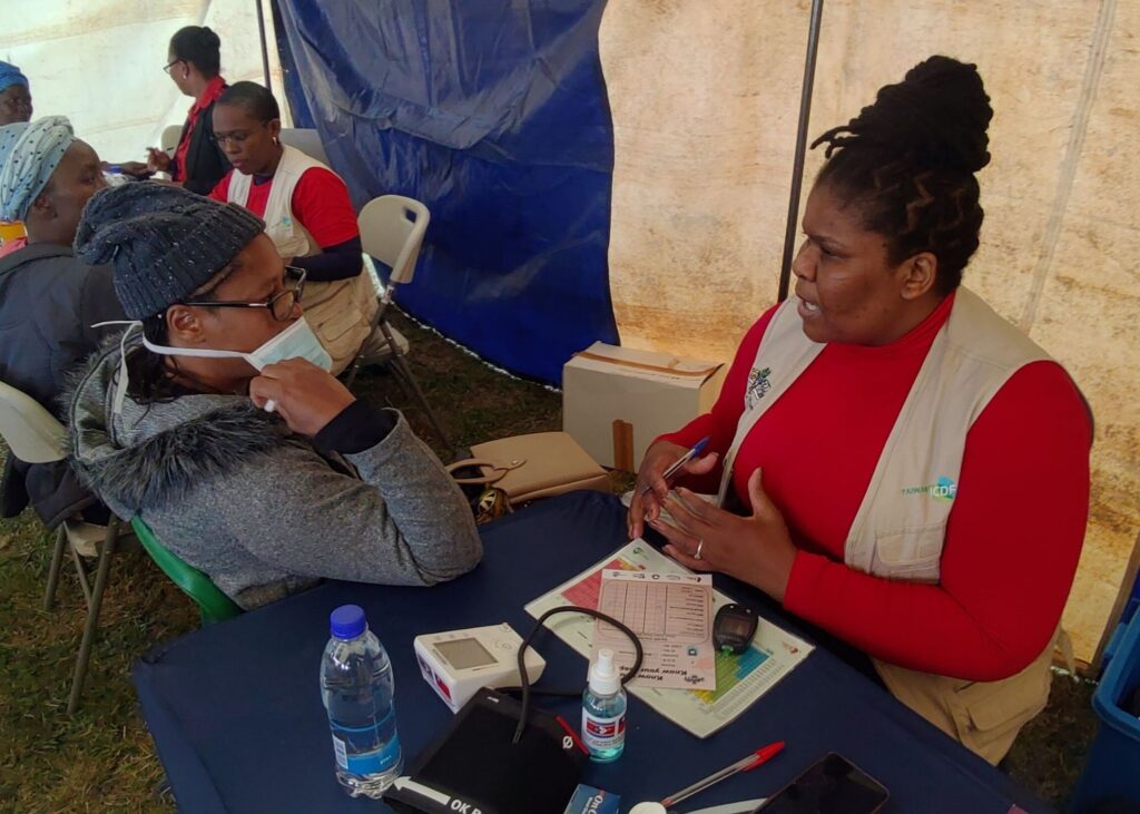 Health workers attend to residents during free screenings at Vusweni Clinic.