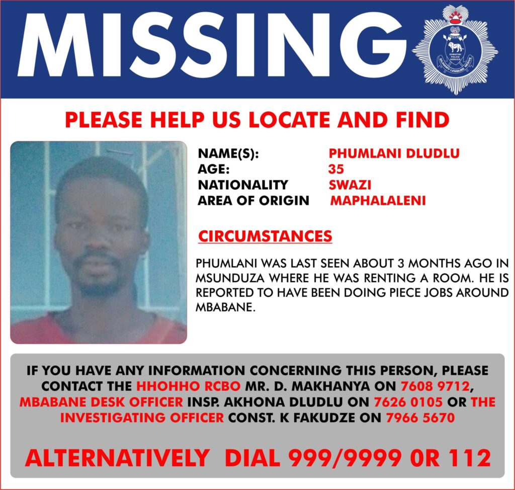 Police flyer seeking information on the whereabouts of Phumlani Dludlu, last seen three months ago in Msunduza.