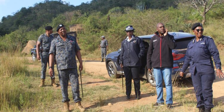 National Commissioner of Police, Mr. Manoma Vusie Masango, addresses residents and police officers at Jericho during the ongoing search for the missing 8-year-old girl. Photo: Royal Eswatini Police Service