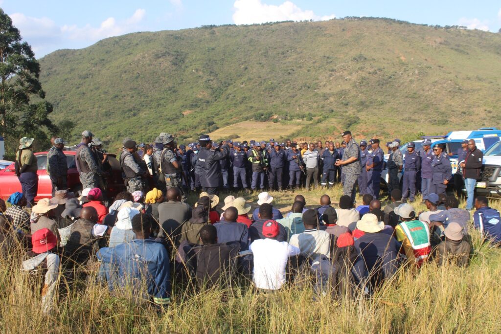 National Commissioner of Police, Mr. Manoma Vusie Masango, addresses residents and police officers at Jericho during the ongoing search for the missing 8-year-old girl. Photo: Royal Eswatini Police Service