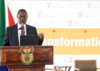 Deputy President Paul Mashatile delivers a keynote address at Business Breakfast engagement session and launch of the Transformation Fund at the Freedom Park Heritage Site and Museum in Pretoria. [Photo: GCIS]