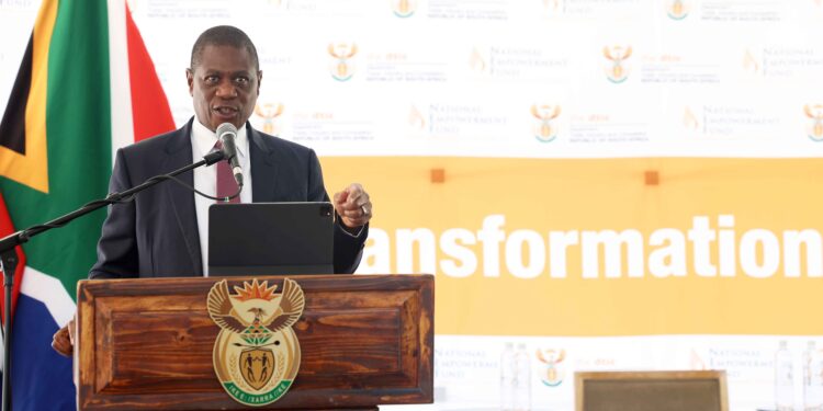 Deputy President Paul Mashatile delivers a keynote address at Business Breakfast engagement session and launch of the Transformation Fund at the Freedom Park Heritage Site and Museum in Pretoria. [Photo: GCIS]
