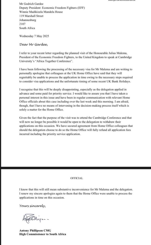 Letter from UK High Commissioner apologising to Malema over visa delay