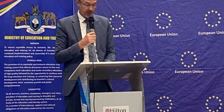EU Ambassador to Eswatini, Karsten Mecklenburg, making his remarks at The Hilton Garden Inn, Mbabane (pic: Nkosingiphile Myeni)