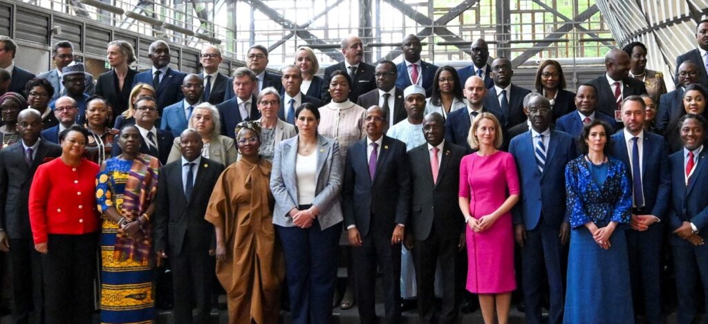 Eswatini’s Foreign Minister Pholile Shakantu with other foreign affairs ministers during the EU-AU Ministerial Meeting in Brussels.