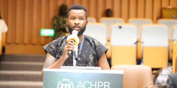 Melusi Simelane representing SALC delivers an address at the 83rd African Commission session in Banjul