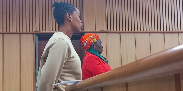 Aunty Lomathemba Dlamini (in red) with her niece Nompumelelo Dlamini (in khakhi top) at the Magistrates Court (Pic: Khulekile Mhlanga).