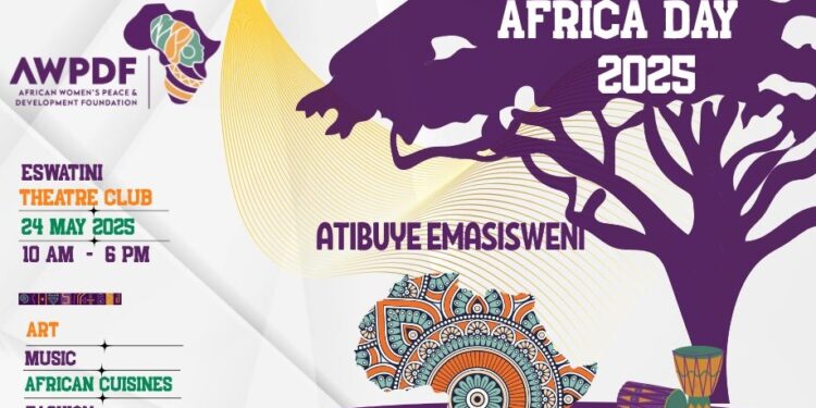 Flyer for the AWPDF Africa Day Food and Cultural Festival at Eswatini Theatre Club on 24 May 2025, celebrating African heritage and the call for reparations.
