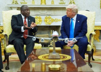 President Donald Trump meets South African President Cyril Ramaphosa in the Oval Office of the White House on Washington, DC, on May 21. Evan Vucci/AP