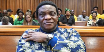 Nigerian Pastor Timothy Omotoso smiles after the verdict was passed at the Gqeberha High Court on April 02, 2025 in Gqeberha, South Africa. It is reported that the Nigerian televangelist and two co accused were acquitted of over 30 charges, including rape, human trafficking and racketeering. (Photo: Gallo Images / Die Burger / Lulama Zenzile)