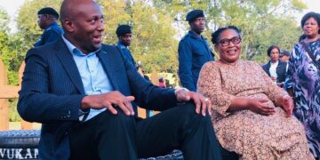 Prime Minister Russell Mmiso Dlamini and Deputy Prime Minister Thulisile Dladla share a light moment while touring stalls during the opening night of the 2025 MTN Bushfire Festival at House On Fire in Malkerns.