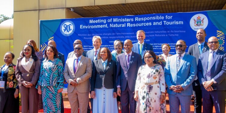 Delegates from SADC member states pose for a group photo after the Joint Committee meeting on Environment, Natural Resources, and Tourism held in Harare, Zimbabwe.